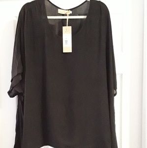 Loose black chiffon tunic with lace trim